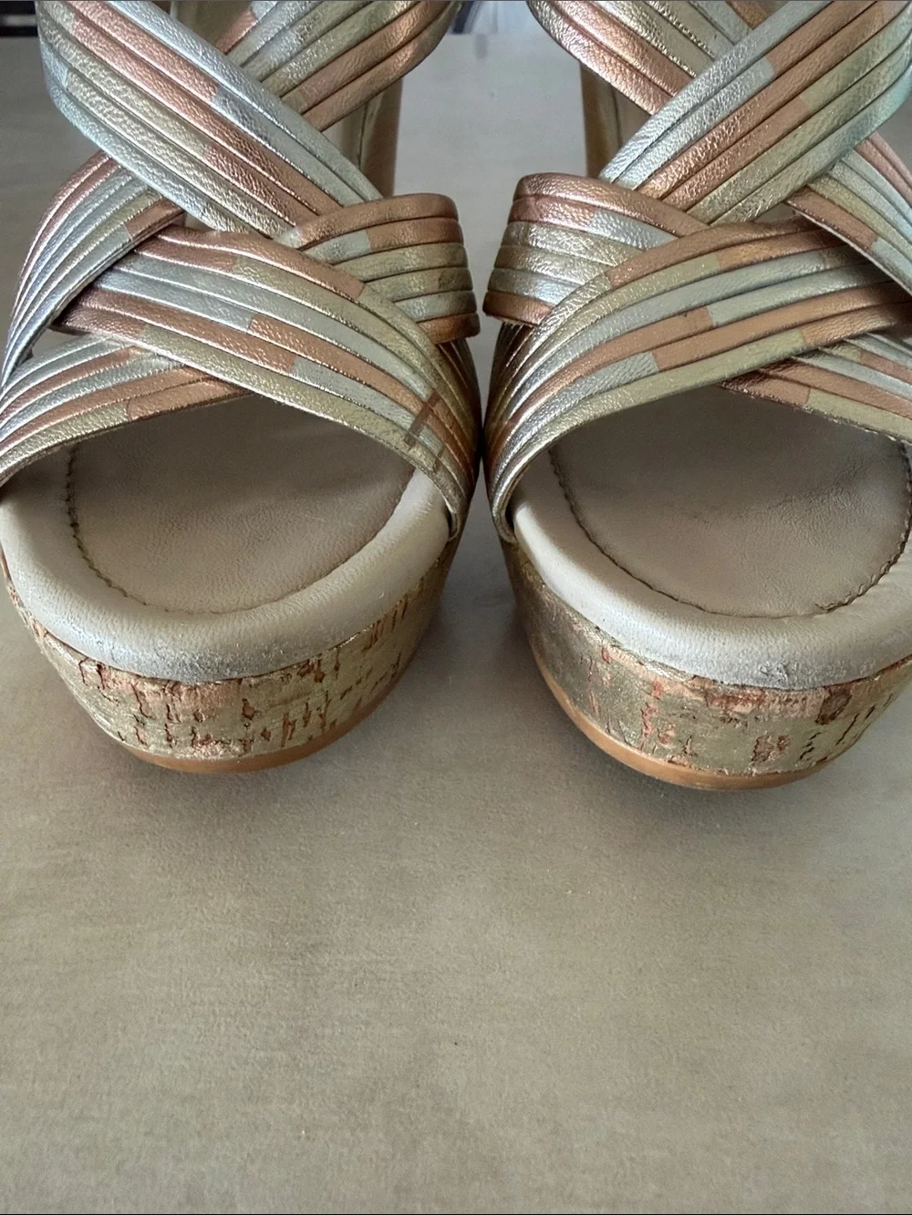 Donald J Pliner wedge sandals. Pretty multi-tone metallic finish. 4” wood heel.